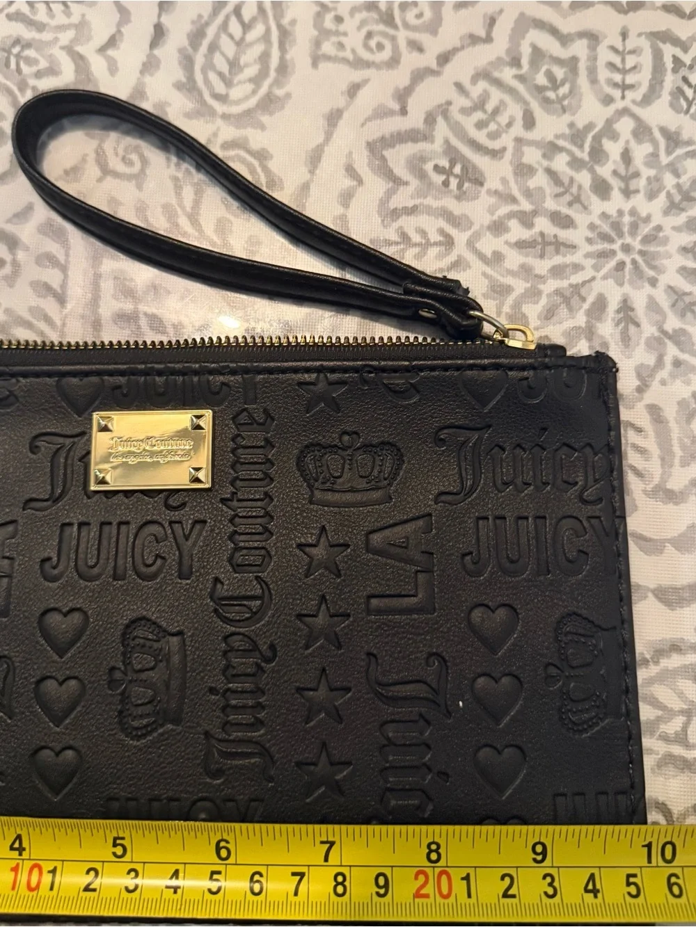 Juicy Couture Black Embossed Logo Wristlet with Gold Plaque
